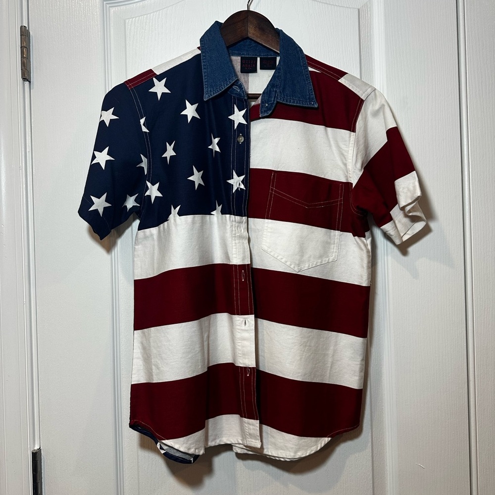 Red and White Casual Button Down Shirt with Patriotic Flair
